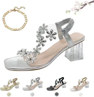 Women's Flower Rhinestone Block Heel Sandals, 2024 New Flower Rhinestone Block Heel Sandals Women-Party Wedding Sandals