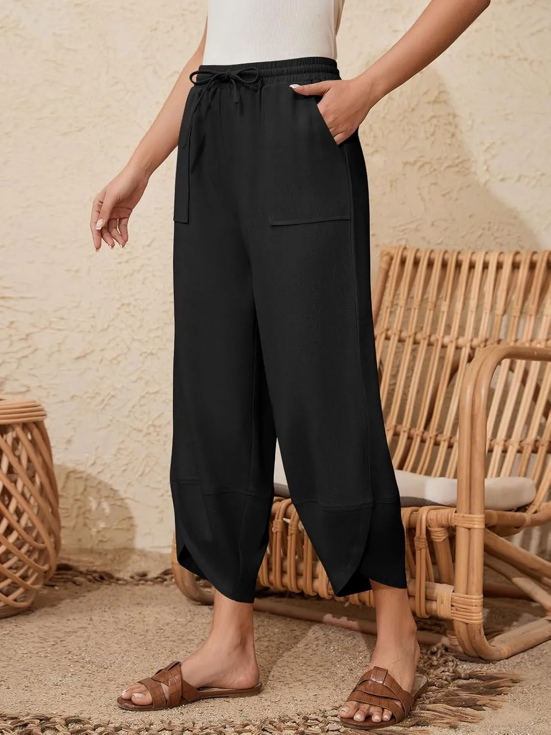 Women's Harem Cotton Linen Pants Wide Leg Barrel Baggy Sweatpants Palazzo Elastic Waist Trousers with Pockets Beach