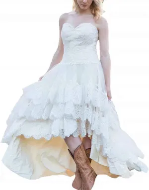 Women's High Low Sweetheart Lace Country Wedding Dress Plus Size Bridal Gowns Tulle