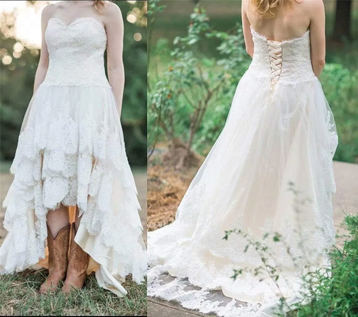 Women's High Low Sweetheart Lace Country Wedding Dress Plus Size Bridal Gowns Tulle