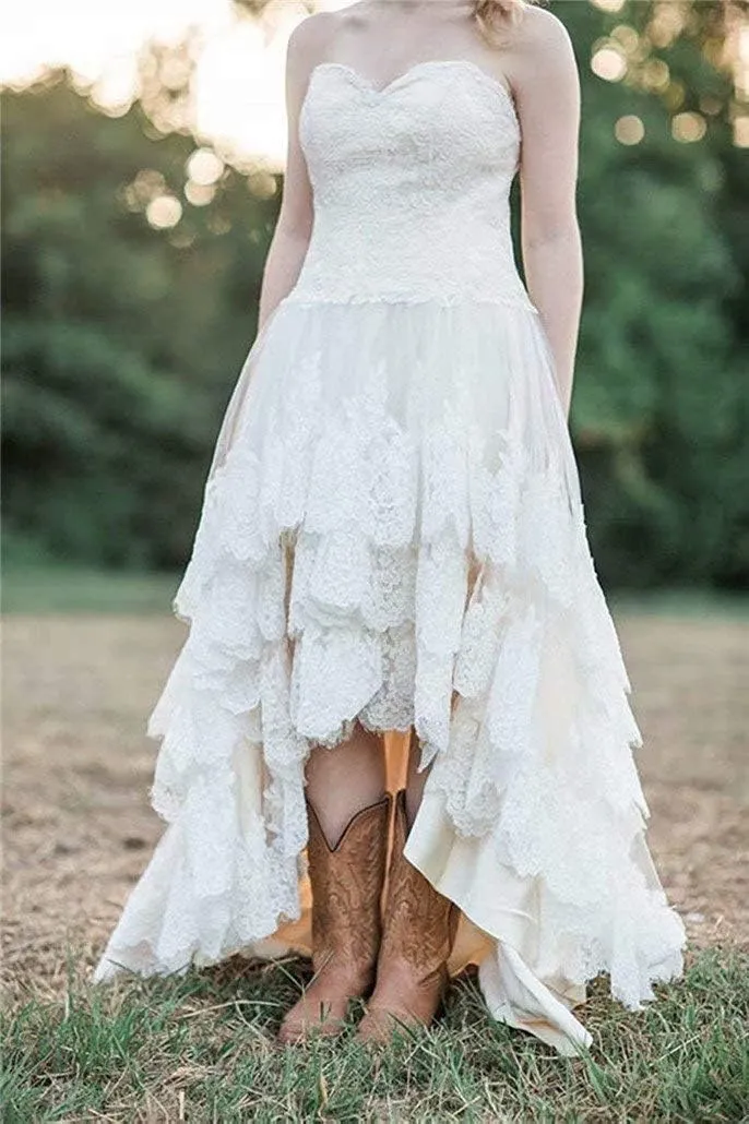 Women's High Low Sweetheart Lace Country Wedding Dress Plus Size Bridal Gowns Tulle