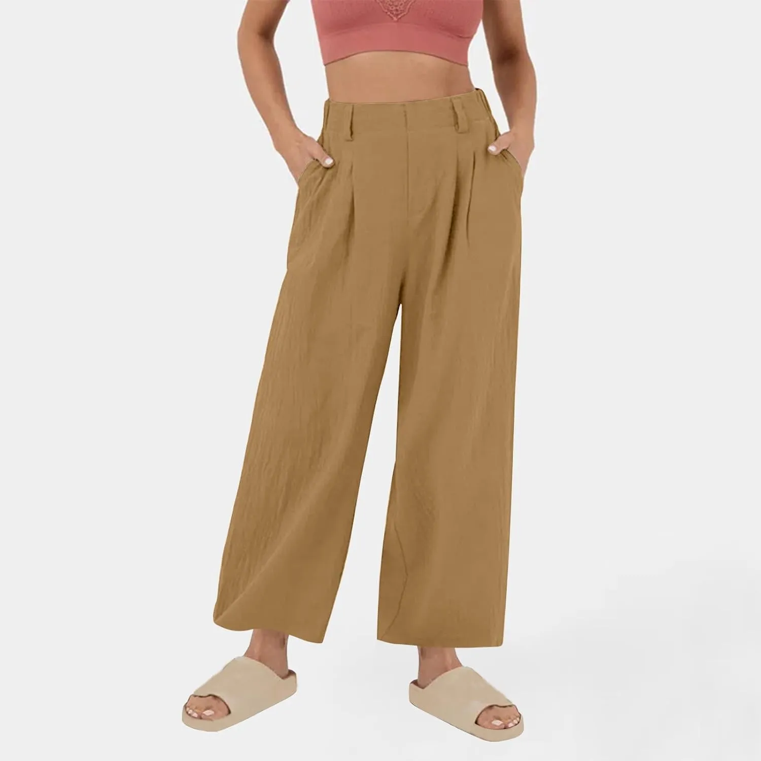 Women's High-Waisted Wide Leg Linen Pants Casual Loose Palazzo Trousers with Pockets Comfy Smocked Flowy Beach Pants