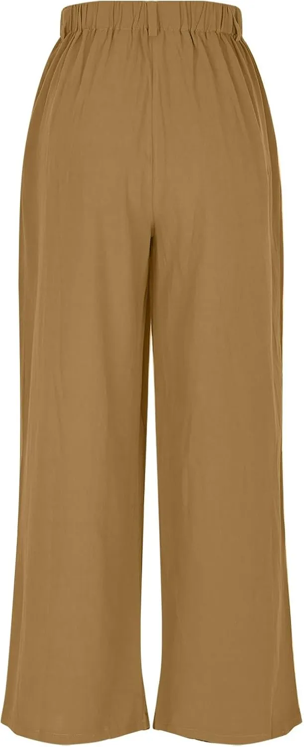 Women's High-Waisted Wide Leg Linen Pants Casual Loose Palazzo Trousers with Pockets Comfy Smocked Flowy Beach Pants