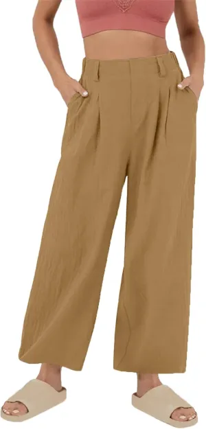 Women's High-Waisted Wide Leg Linen Pants Casual Loose Palazzo Trousers with Pockets Comfy Smocked Flowy Beach Pants
