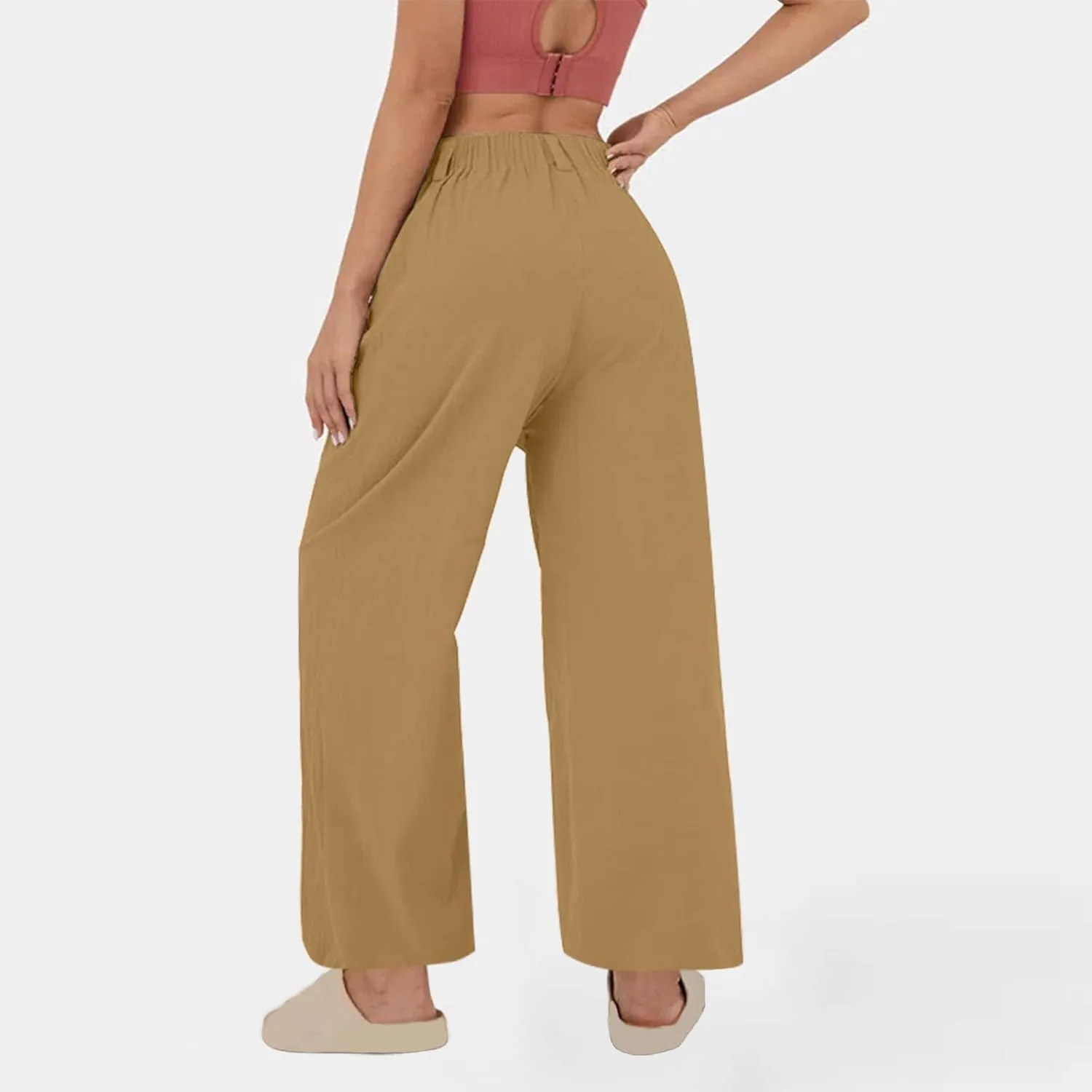 Women's High-Waisted Wide Leg Linen Pants Casual Loose Palazzo Trousers with Pockets Comfy Smocked Flowy Beach Pants