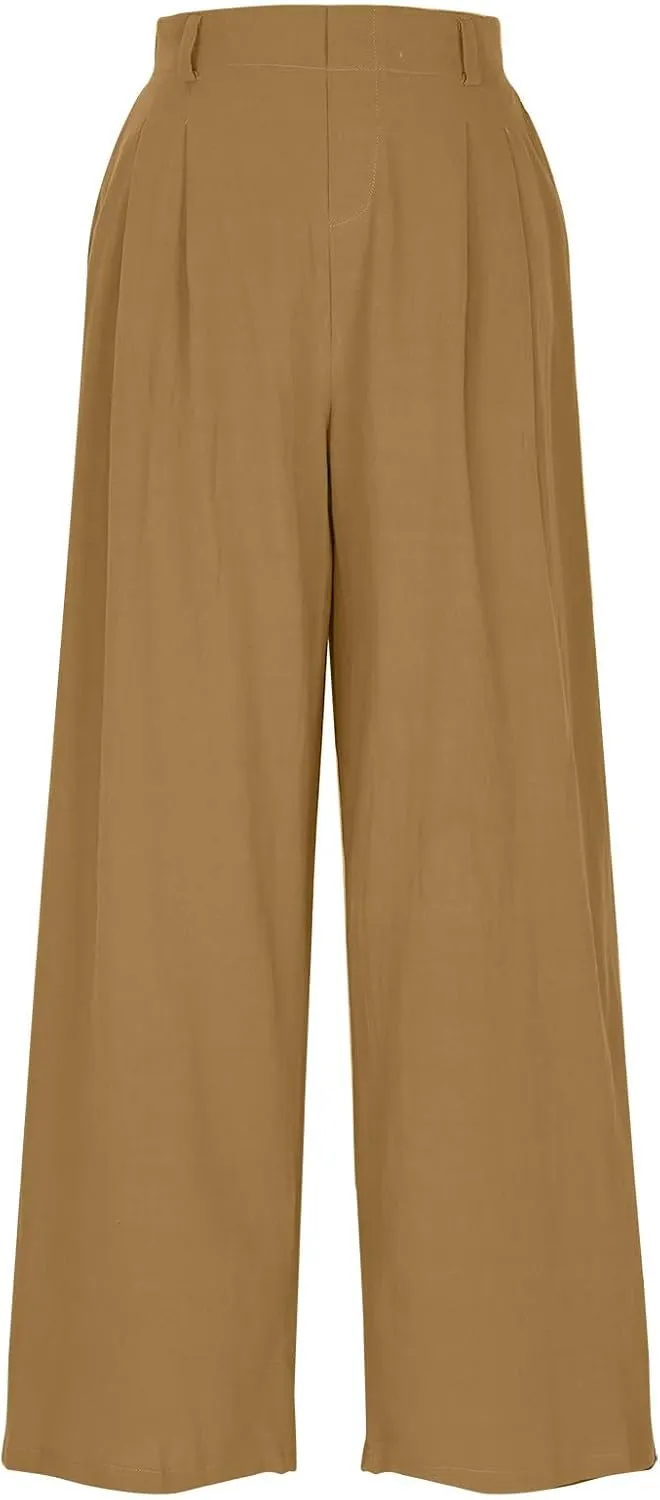 Women's High-Waisted Wide Leg Linen Pants Casual Loose Palazzo Trousers with Pockets Comfy Smocked Flowy Beach Pants