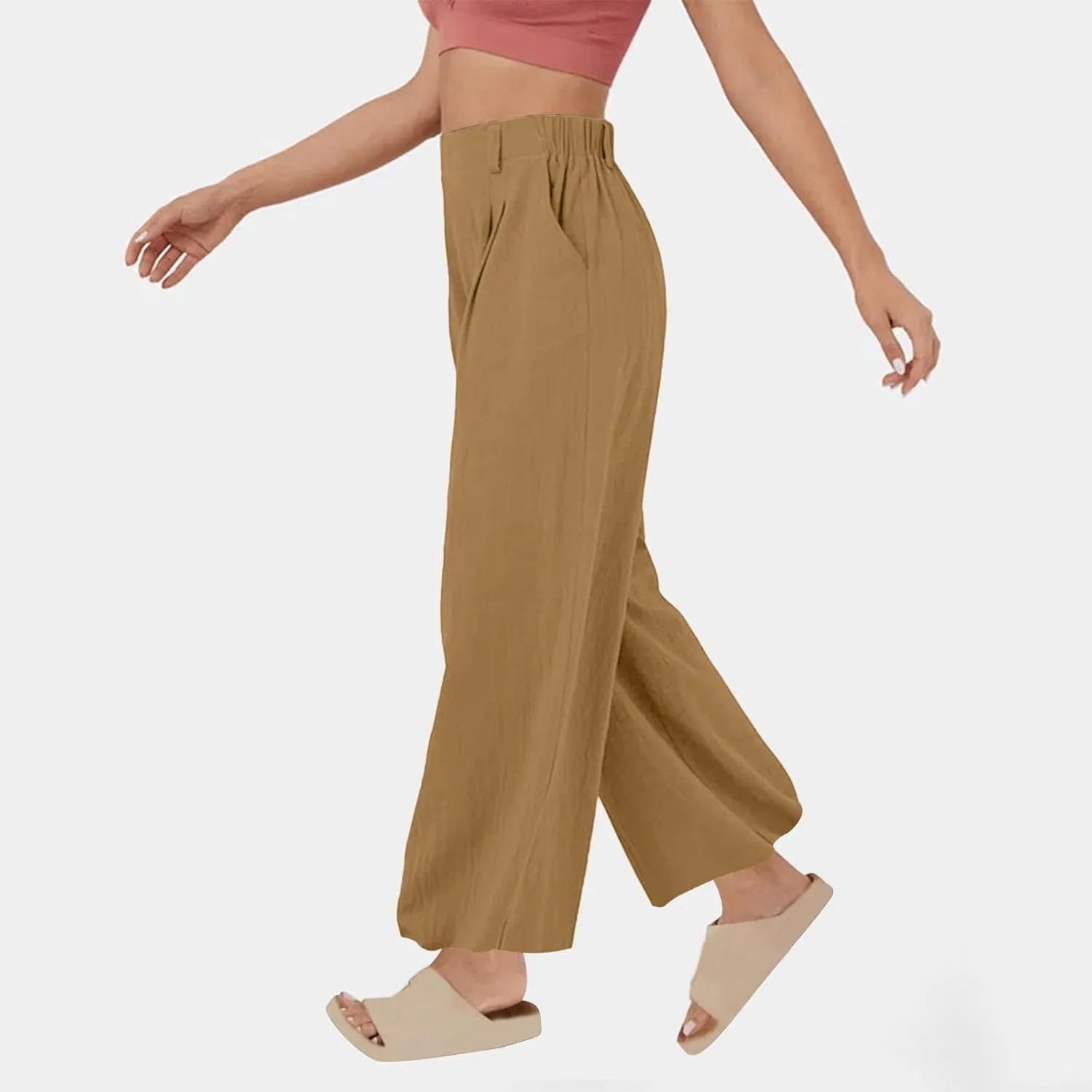 Women's High-Waisted Wide Leg Linen Pants Casual Loose Palazzo Trousers with Pockets Comfy Smocked Flowy Beach Pants