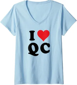 Womens I Heart QC Initials I Love Q.C. First And Last Name Q C V-Neck T-Shirt