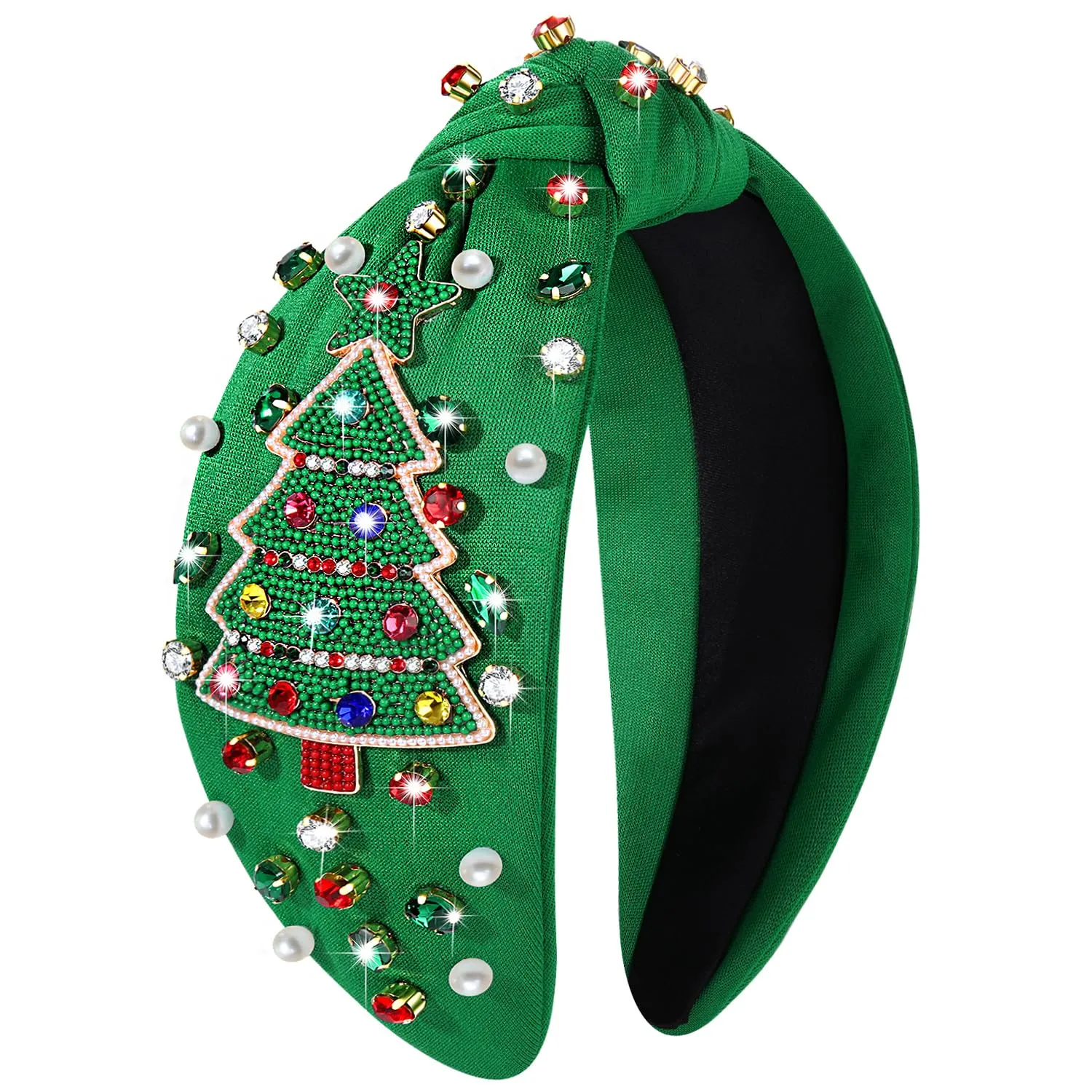 Women's Jeweled Plaid Embellished Crystal Pearl Knotted Wide Top Knot Headband - Holiday and Christmas Hair Accessory Gift (Big Xmas Tree 2)
