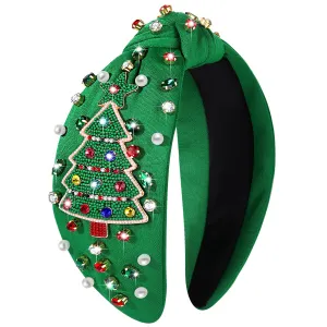 Women's Jeweled Plaid Embellished Crystal Pearl Knotted Wide Top Knot Headband - Holiday and Christmas Hair Accessory Gift (Big Xmas Tree 2)