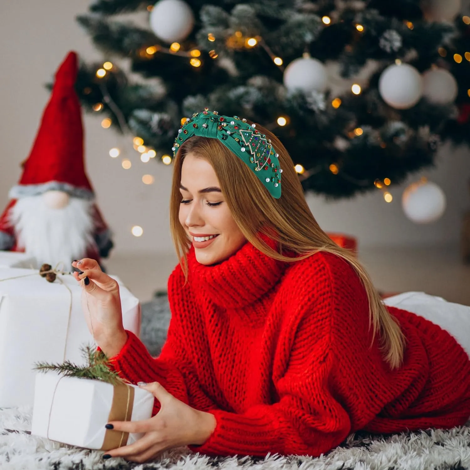 Women's Jeweled Plaid Embellished Crystal Pearl Knotted Wide Top Knot Headband - Holiday and Christmas Hair Accessory Gift (Big Xmas Tree 2)