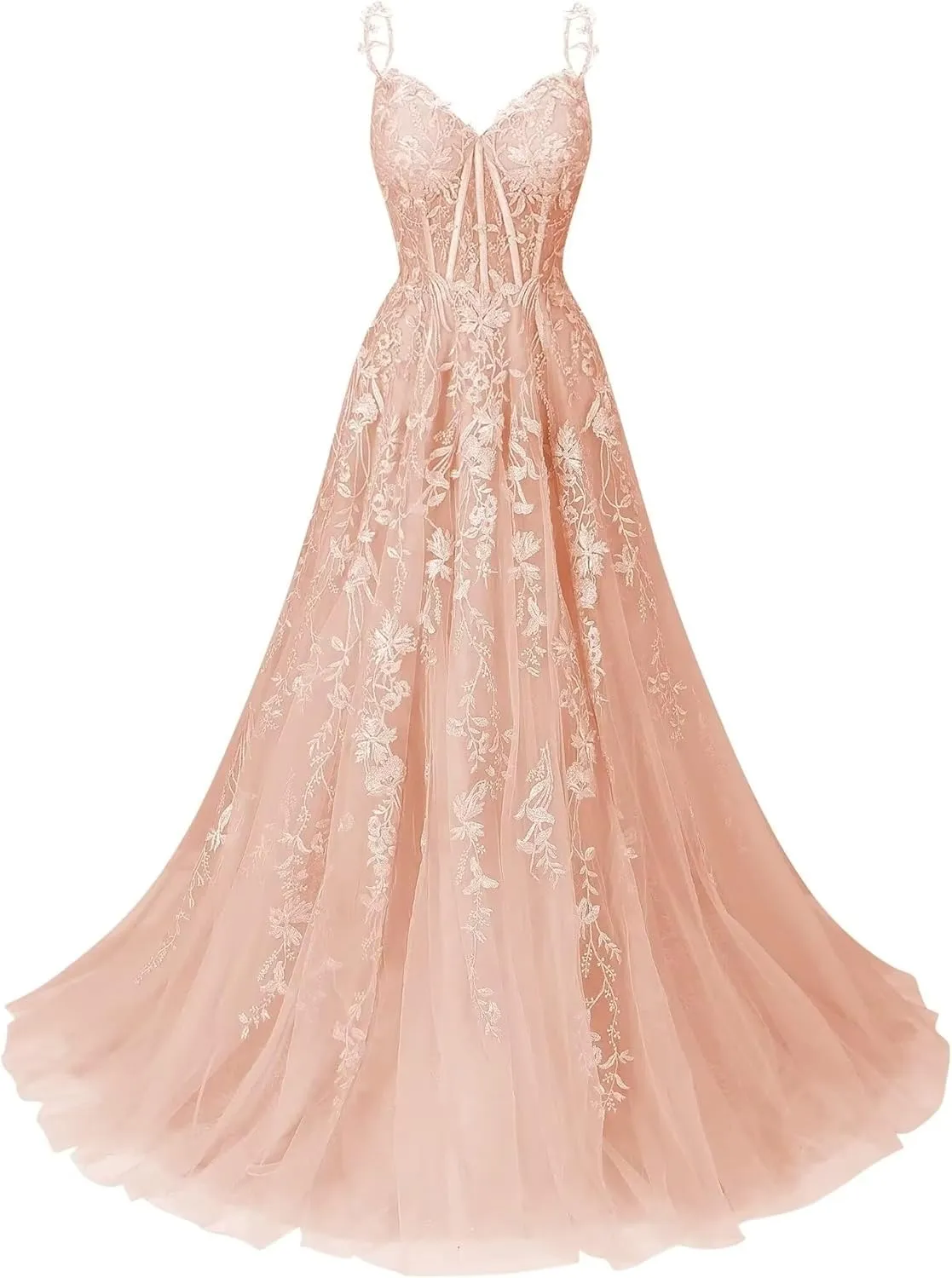 Women's Lace Applique Tulle Prom Dresses A Line Long Pleated 2025 Formal Evening Party Gowns with Slit