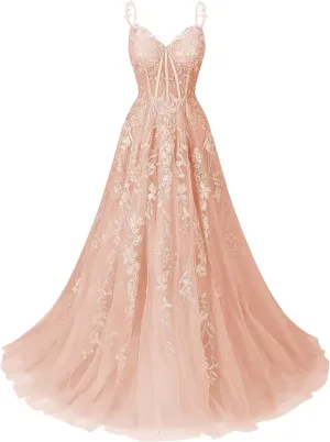 Women's Lace Applique Tulle Prom Dresses A Line Long Pleated 2025 Formal Evening Party Gowns with Slit