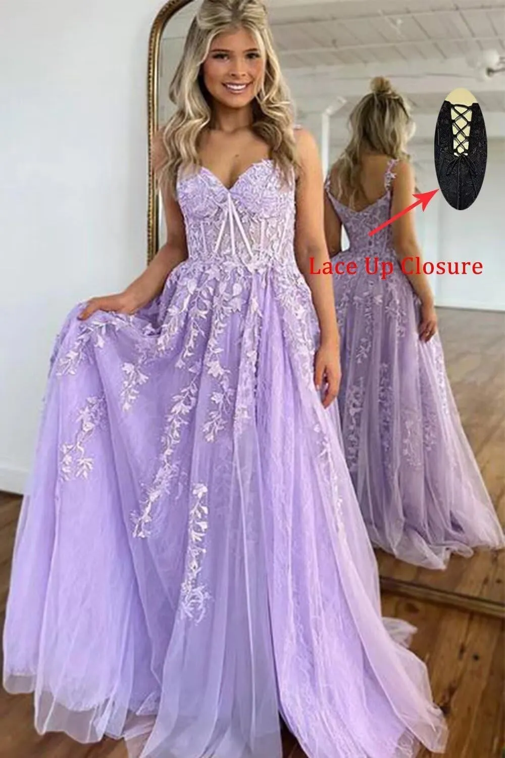 Women's Lace Applique Tulle Prom Dresses A Line Long Pleated 2025 Formal Evening Party Gowns with Slit