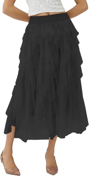 Women’s Layered Ruffles Tulle Skirt Pleated High Waist Fluffy Maxi Skirt Fairy Cake Dress Long Tutu Party Skirt