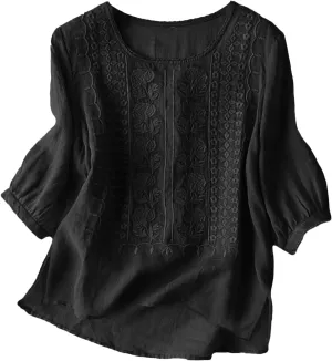 Women's Linen Blouse Tops Summer Shirts Loose Casual Work Tops Blouses Cotton Blouse Linen Shirt Roll Up Sleeve