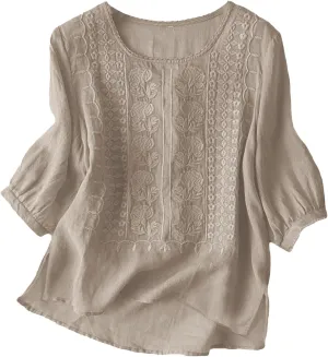 Women's Linen Blouse Tops Summer Shirts Loose Casual Work Tops Blouses Cotton Blouse Linen Shirt Roll Up Sleeve