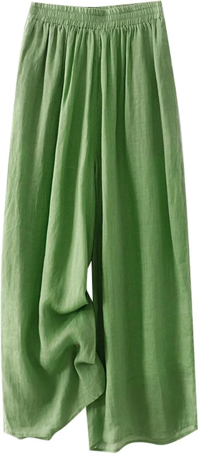 Womens Linen Cropped Pants High Waisted Baggy Pull On Paperbag Pants Printed Capris Cotton Light Slacks Work Pants
