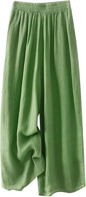 Womens Linen Cropped Pants High Waisted Baggy Pull On Paperbag Pants Printed Capris Cotton Light Slacks Work Pants