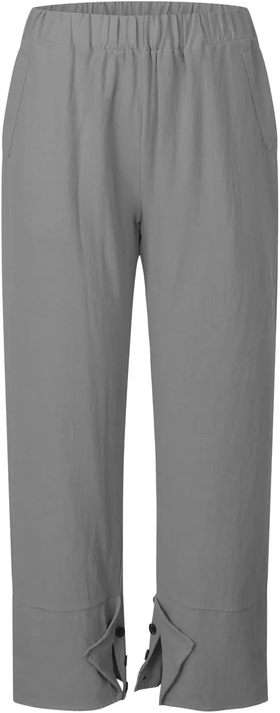 Womens Linen Cropped Pants Plus Size Elastic High Rise Paperbag Pants Floral Capris Summer Loose Slacks Yoga Pants