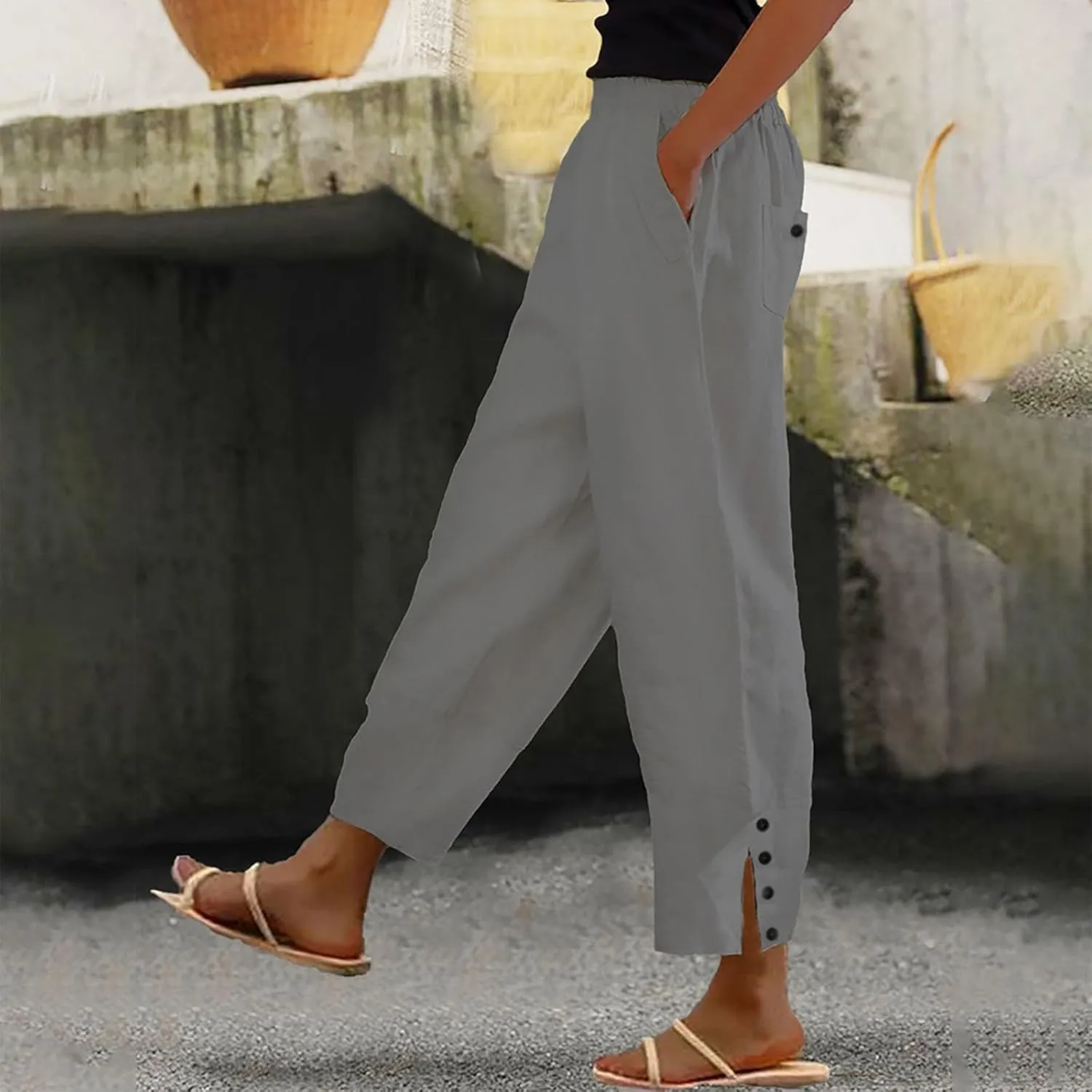 Womens Linen Cropped Pants Plus Size Elastic High Rise Paperbag Pants Floral Capris Summer Loose Slacks Yoga Pants