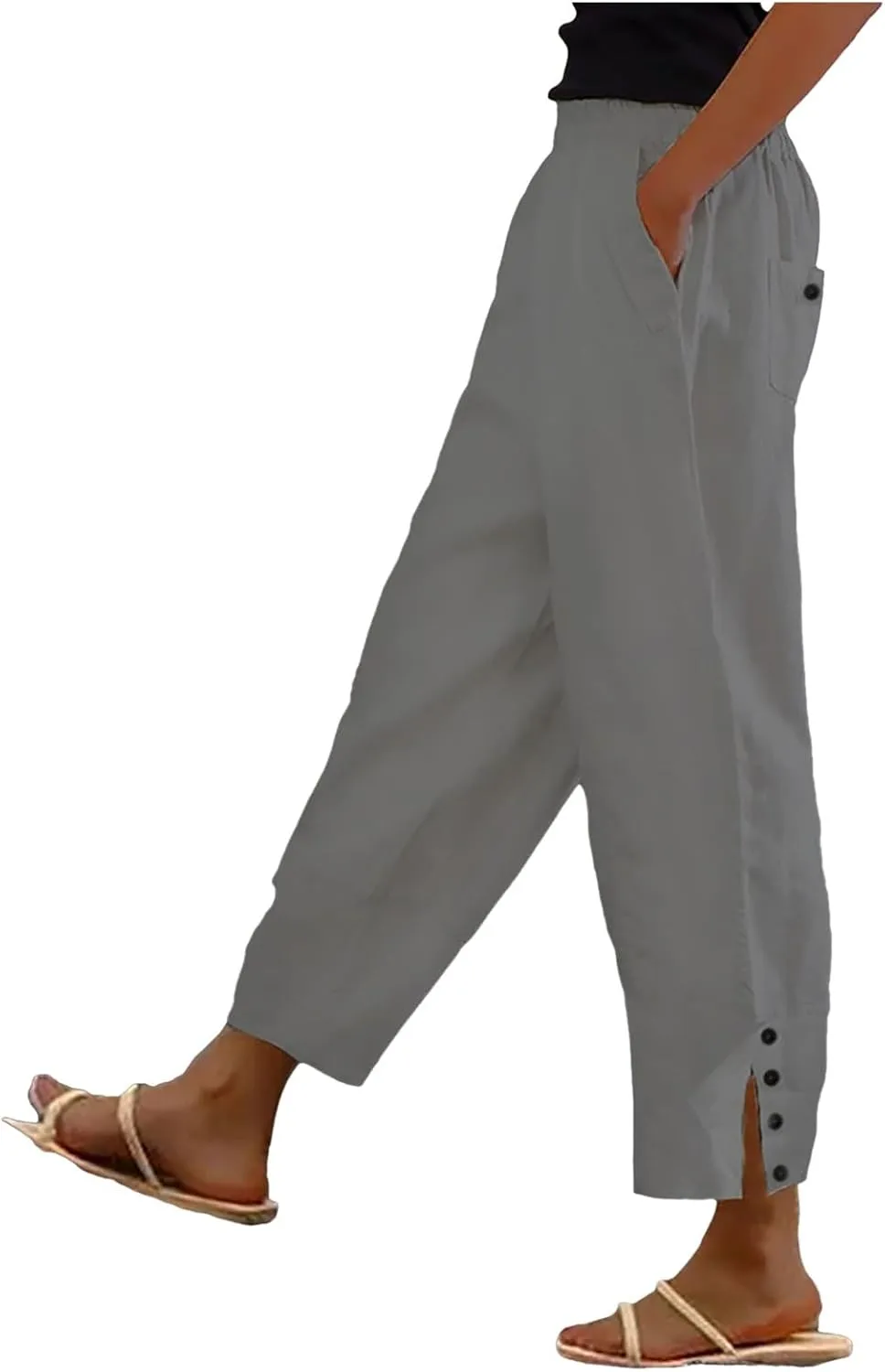 Womens Linen Cropped Pants Plus Size Elastic High Rise Paperbag Pants Floral Capris Summer Loose Slacks Yoga Pants