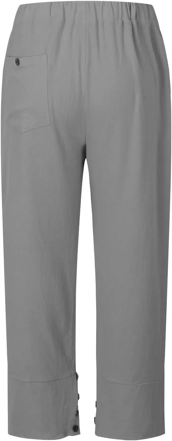 Womens Linen Cropped Pants Plus Size Elastic High Rise Paperbag Pants Floral Capris Summer Loose Slacks Yoga Pants