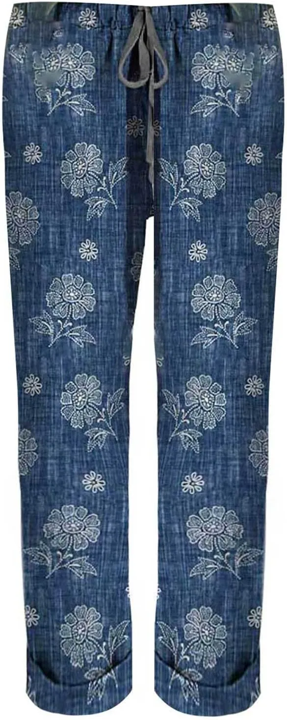 Womens Linen Pants Summer Casual Wide Leg Elastic Waist Tummy Control Trousers Comfy Baggy Beach Pants with Pockets