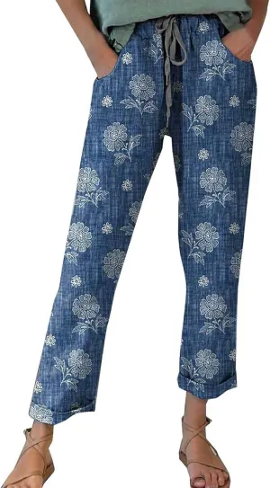 Womens Linen Pants Summer Casual Wide Leg Elastic Waist Tummy Control Trousers Comfy Baggy Beach Pants with Pockets