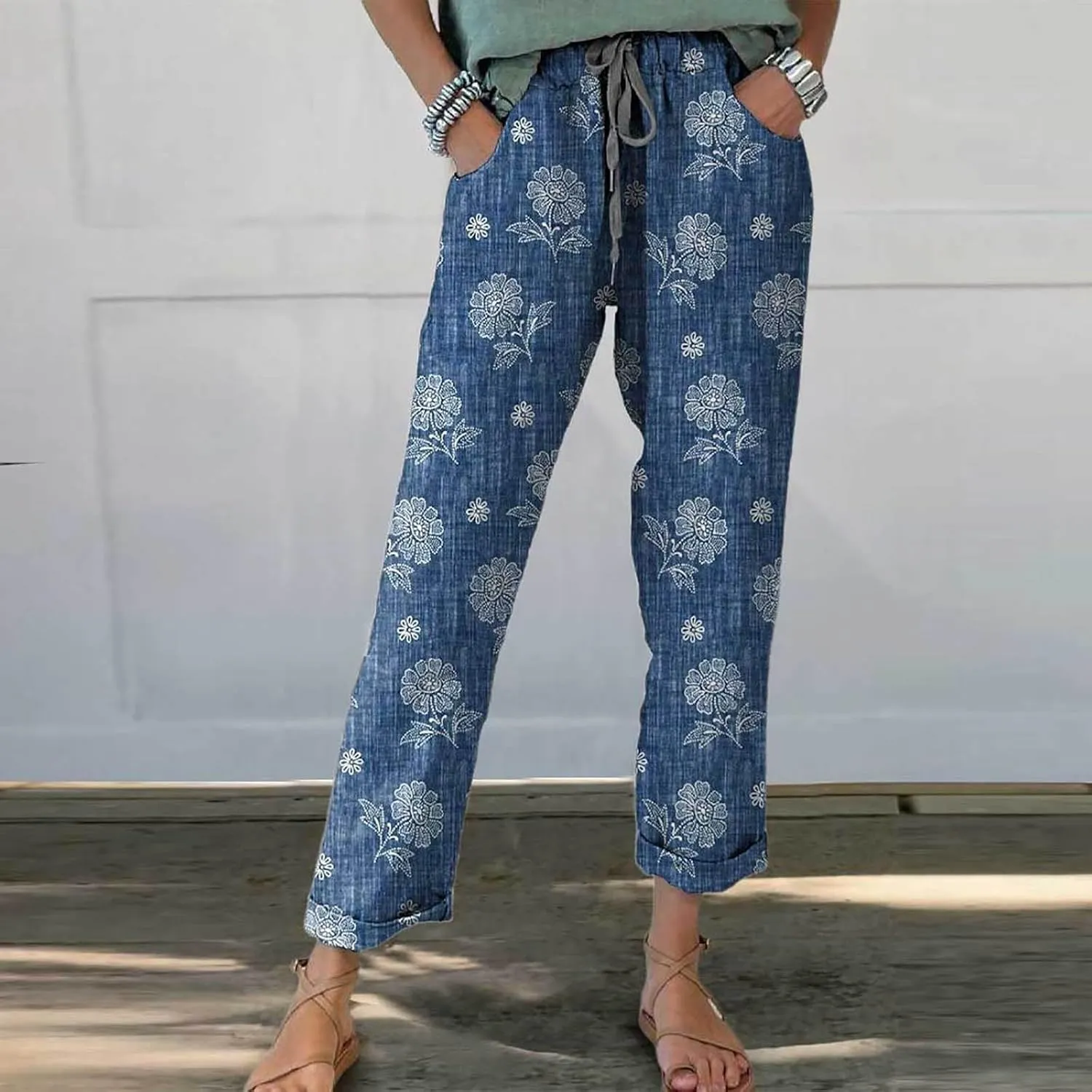 Womens Linen Pants Summer Casual Wide Leg Elastic Waist Tummy Control Trousers Comfy Baggy Beach Pants with Pockets