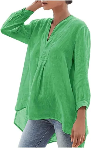 Women's Linen Shirts 2025 Summer Rolled 3/4 Sleeve V Neck Tshirts Plus Size Plain Blouses Casual Loose Fit Tunic Top
