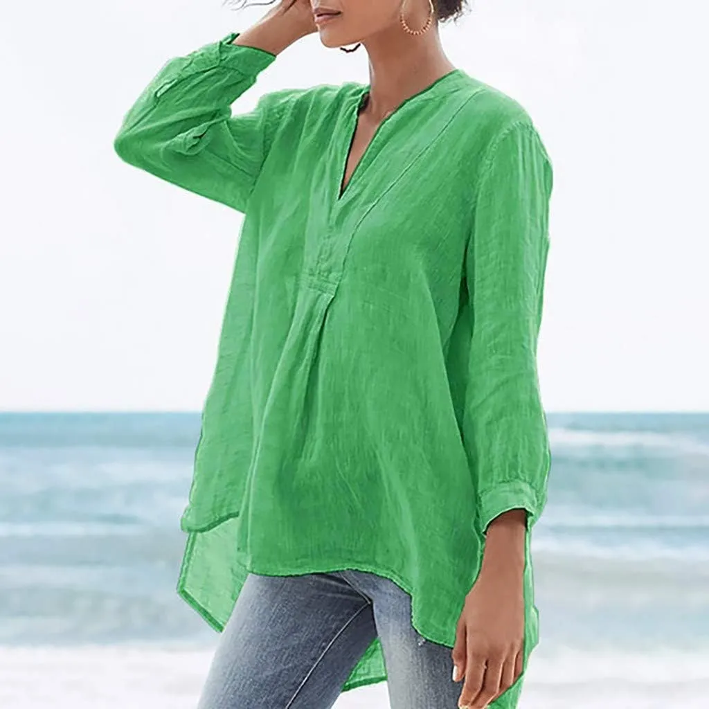 Women's Linen Shirts 2025 Summer Rolled 3/4 Sleeve V Neck Tshirts Plus Size Plain Blouses Casual Loose Fit Tunic Top