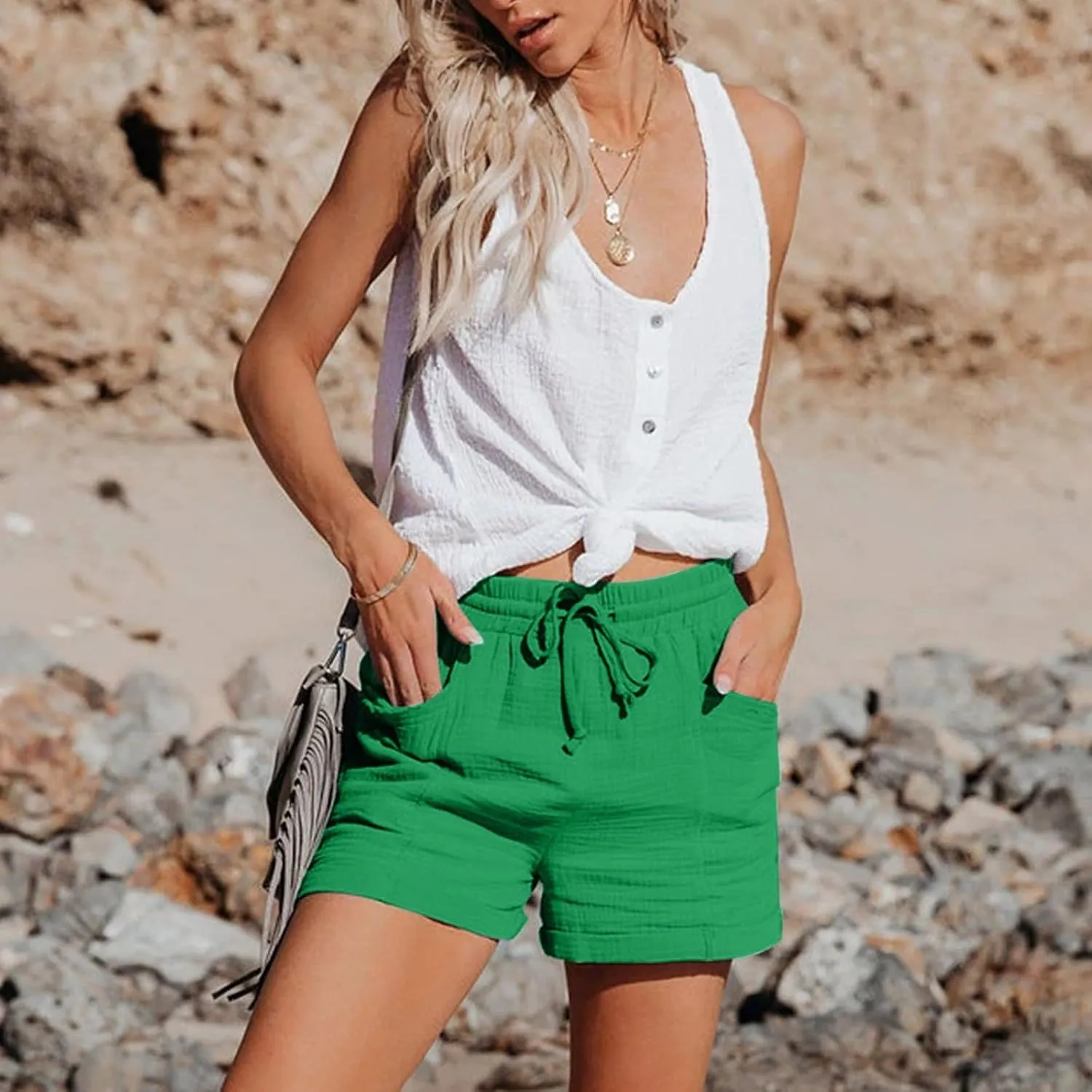 Womens Linen Shorts 2025 Summer Wide Leg Drawstring Lightweight Shorts with Pockets Casual Beach Short Pants