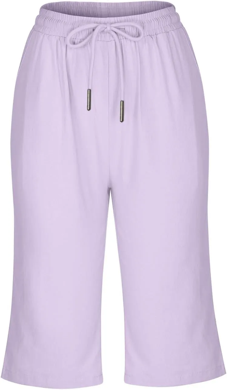 Women's Linen Shorts Summer Fashion Drawstring Elastic Casual Shorts Solid Beach Vacation Clothes