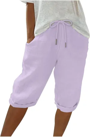 Women's Linen Shorts Summer Fashion Drawstring Elastic Casual Shorts Solid Beach Vacation Clothes
