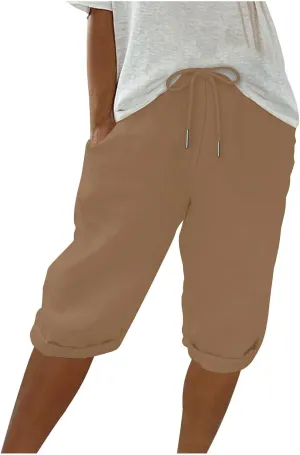 Women's Linen Shorts Summer Fashion Drawstring Elastic Casual Shorts Solid Beach Vacation Clothes