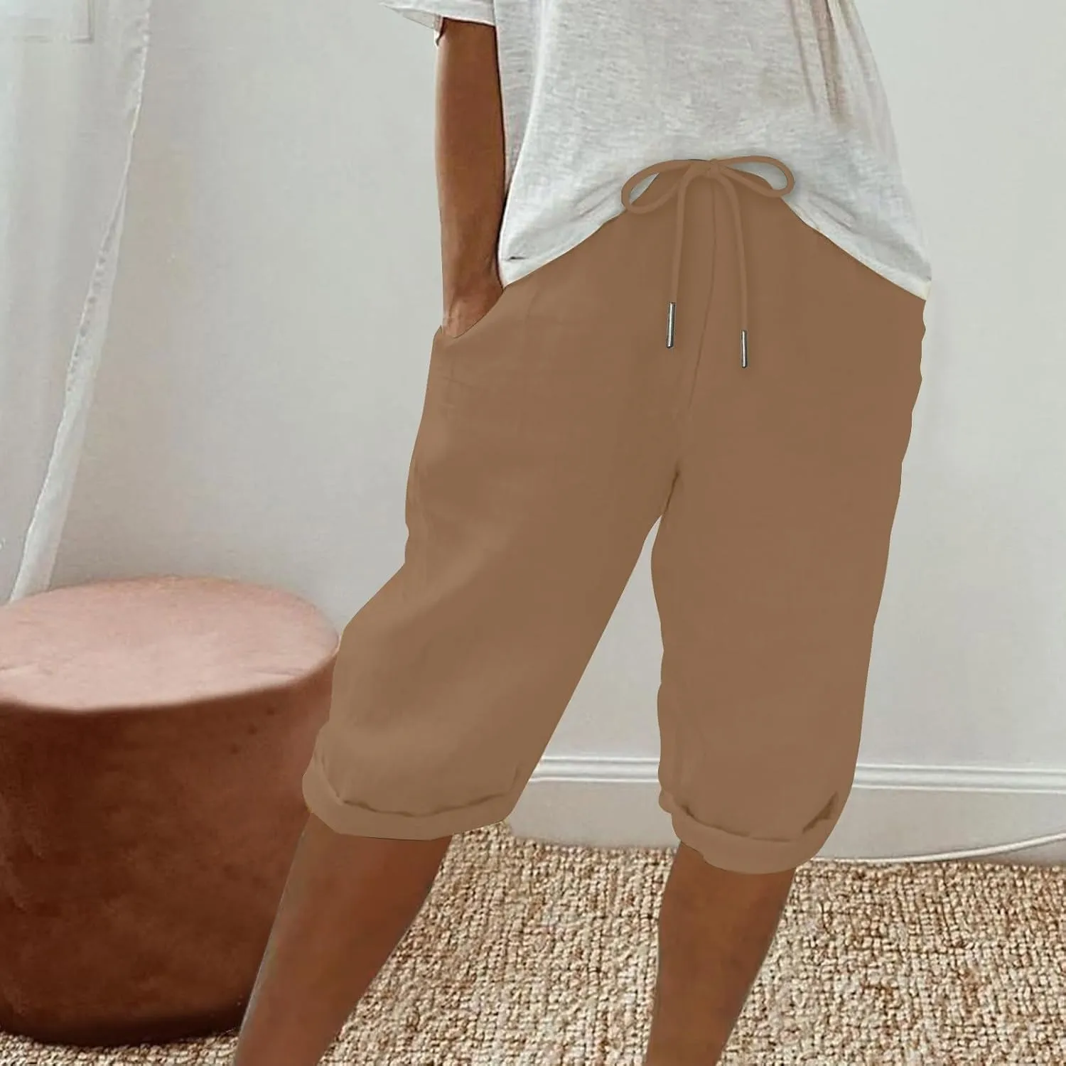 Women's Linen Shorts Summer Fashion Drawstring Elastic Casual Shorts Solid Beach Vacation Clothes