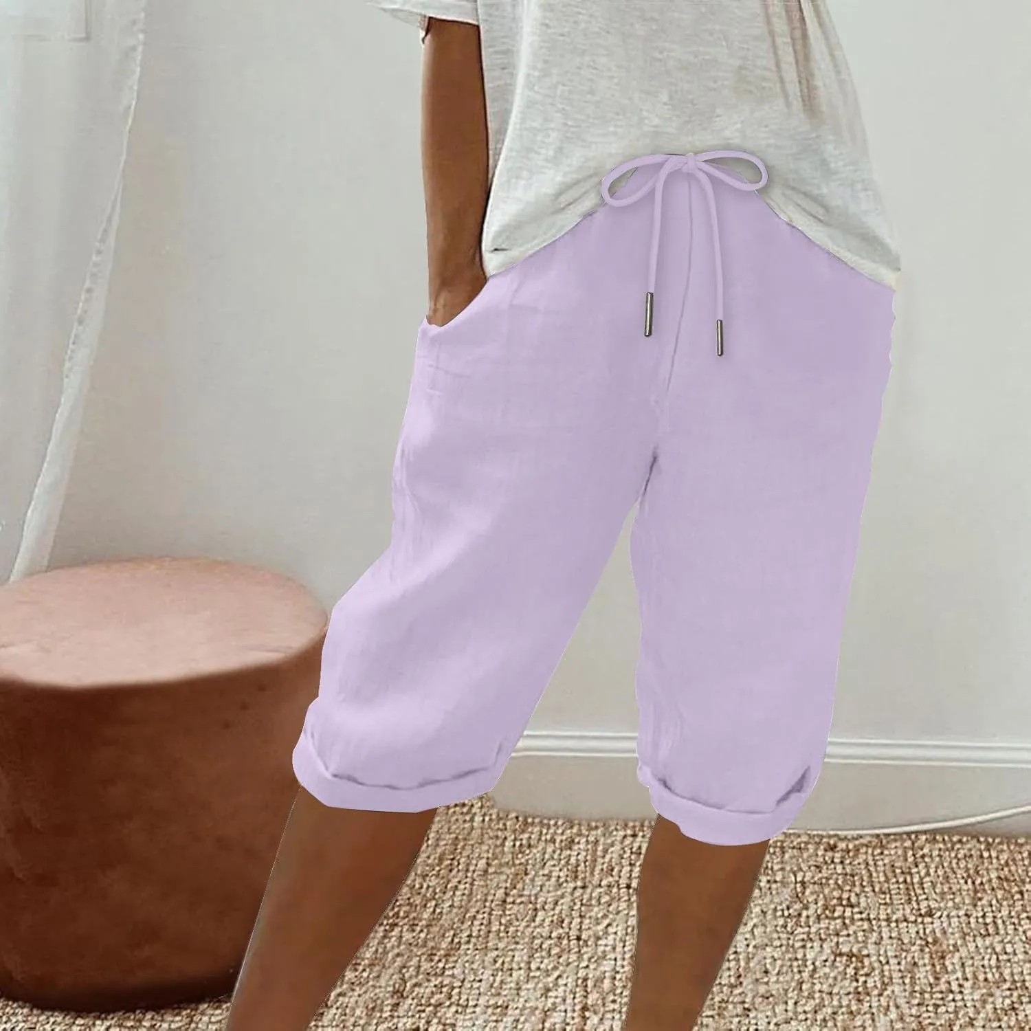 Women's Linen Shorts Summer Fashion Drawstring Elastic Casual Shorts Solid Beach Vacation Clothes