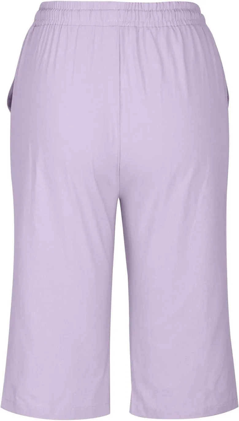 Women's Linen Shorts Summer Fashion Drawstring Elastic Casual Shorts Solid Beach Vacation Clothes