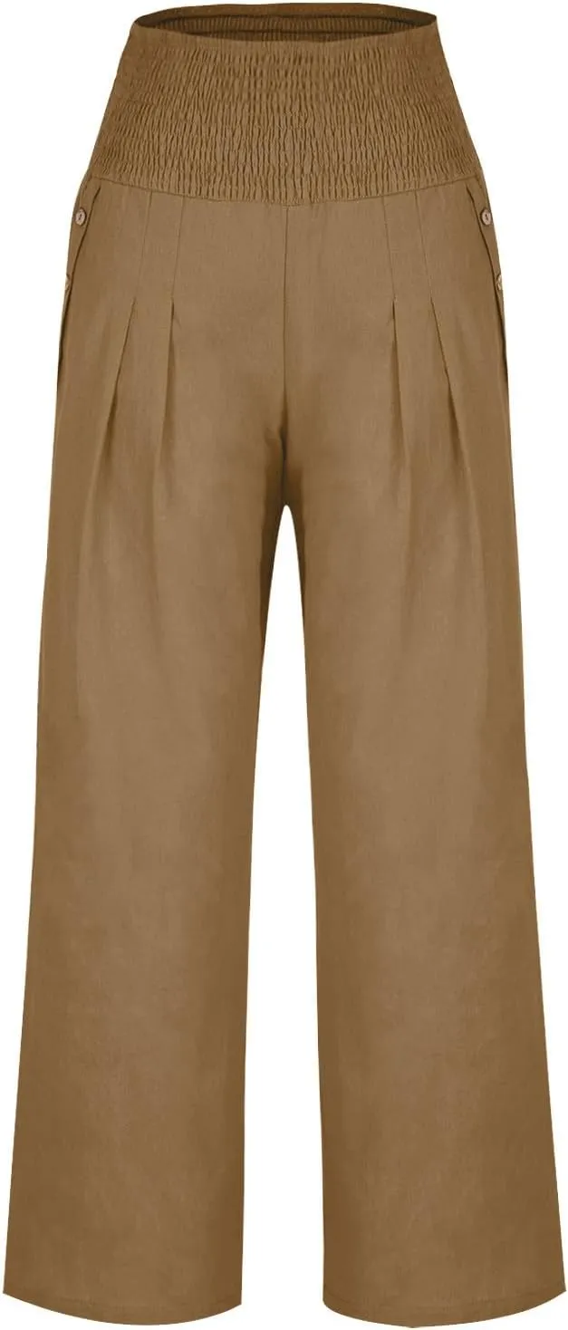 Women's Linen Summer Palazzo Pants Flowy High Waisted Wide Leg Beach Pants Casual Loose Fit Pocketed Paperbag Trouser
