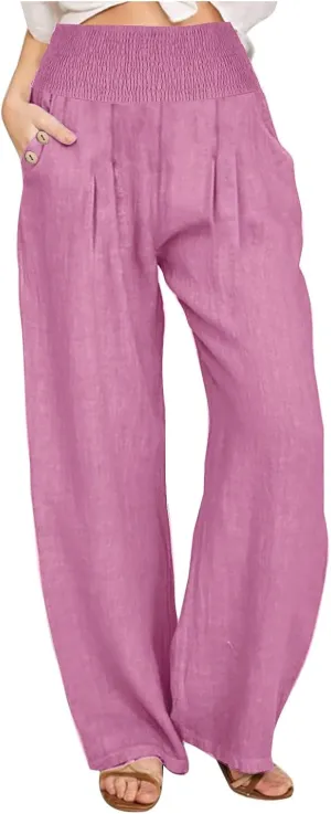 Women's Linen Summer Palazzo Pants Flowy High Waisted Wide Leg Beach Pants Casual Loose Fit Pocketed Paperbag Trouser