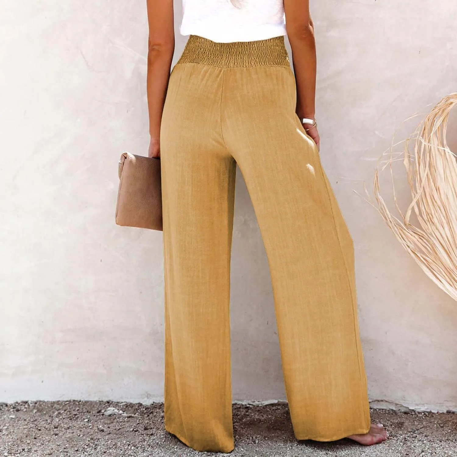 Women's Linen Summer Palazzo Pants Lounge Loose Paperbag Waist Trousers Solid Comfy Pants Summer Outfits 2025 Trendy