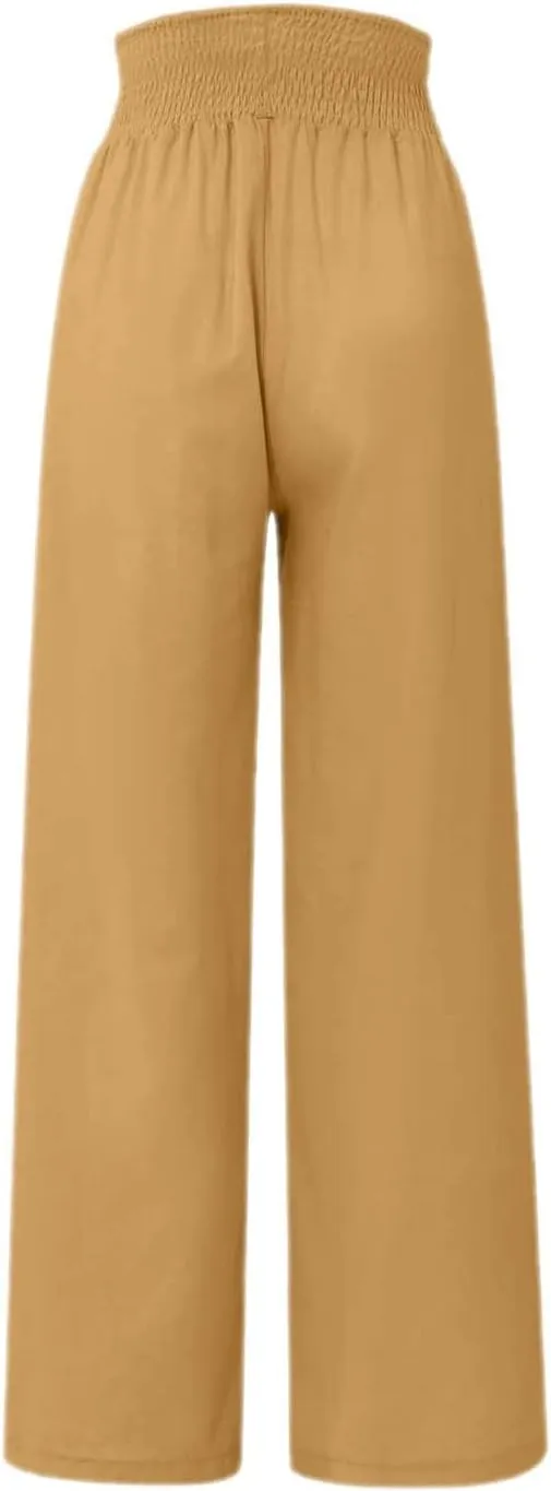 Women's Linen Summer Palazzo Pants Lounge Loose Paperbag Waist Trousers Solid Comfy Pants Summer Outfits 2025 Trendy