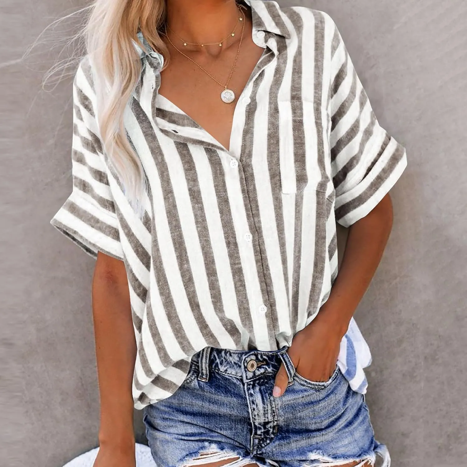 Women's Linen V Neck Button Down Shirt Roll Up Short Sleeve Casual Collared Work Blouse Loose Top Trendy