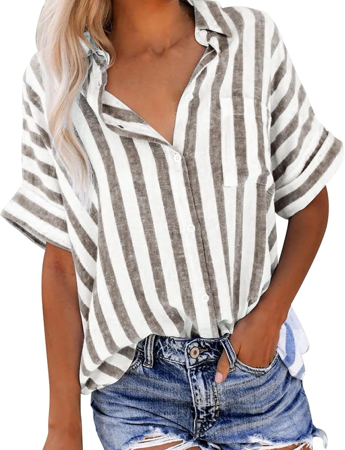 Women's Linen V Neck Button Down Shirt Roll Up Short Sleeve Casual Collared Work Blouse Loose Top Trendy