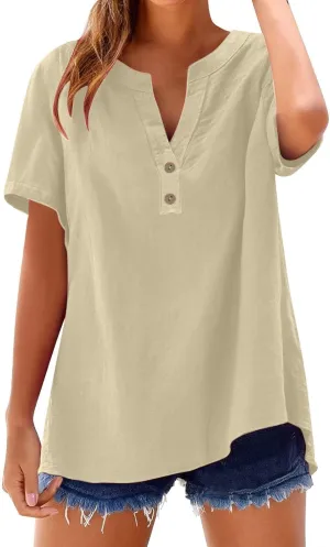 Women's Linen V Neck Shirt Trendy Short Sleeve Button Summer T-Shirts Loose Vacation Beach Solid Blouses Tunic Tops