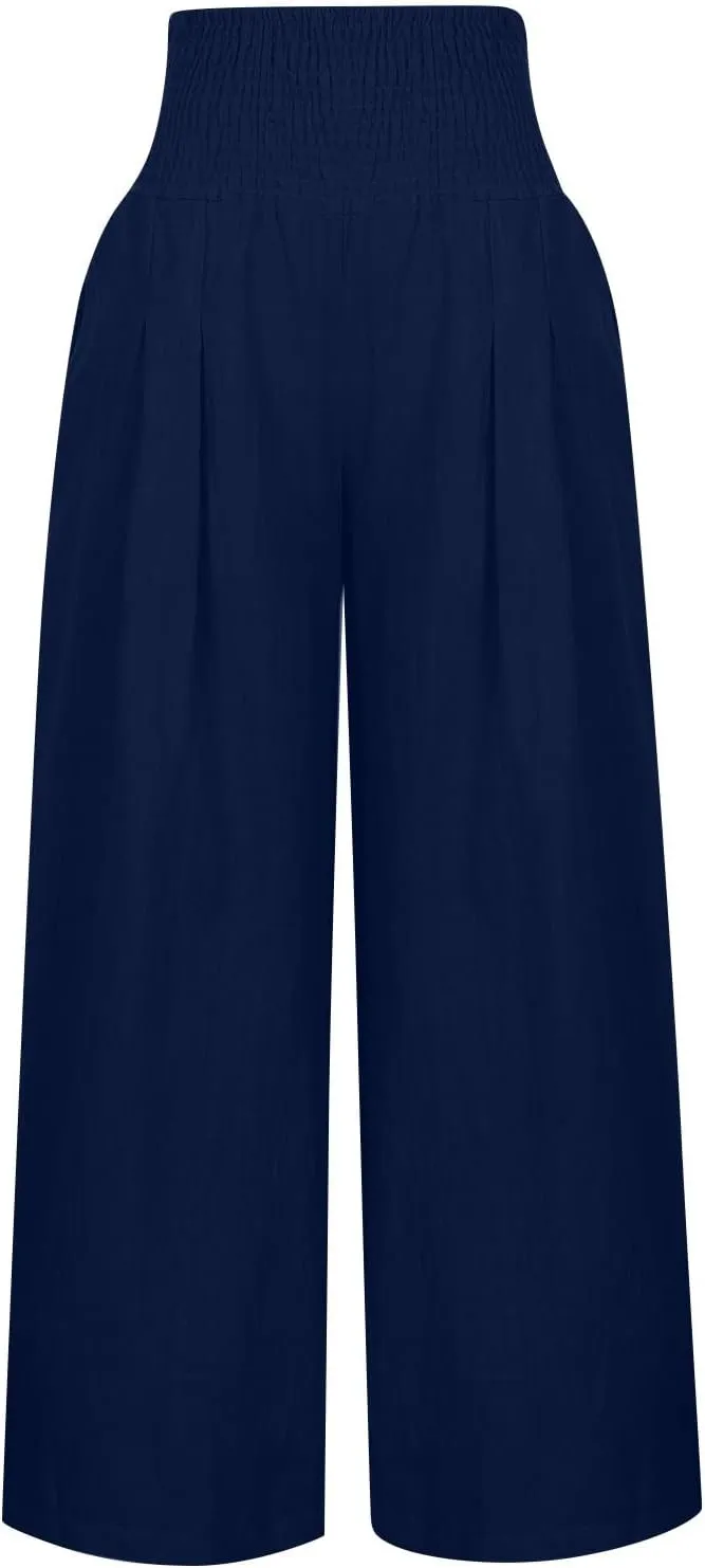 Womens Linen Wide Leg Pants Elastic High Rise Plus Size Paperbag Pants Summer Cotton Flowy Patterned Tall Yoga Pants