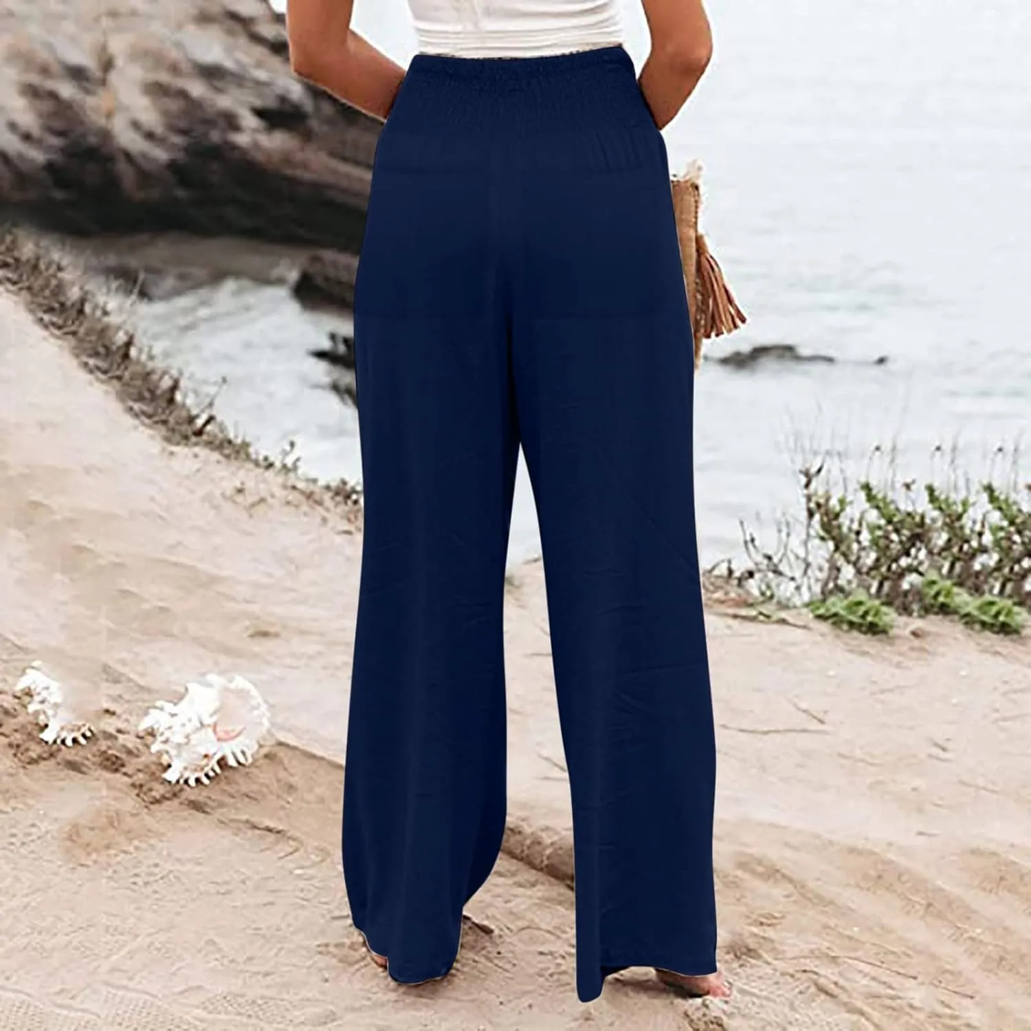Womens Linen Wide Leg Pants Elastic High Rise Plus Size Paperbag Pants Summer Cotton Flowy Patterned Tall Yoga Pants