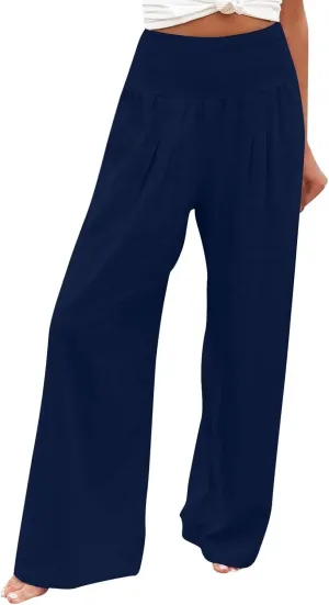 Womens Linen Wide Leg Pants Elastic High Rise Plus Size Paperbag Pants Summer Cotton Flowy Patterned Tall Yoga Pants