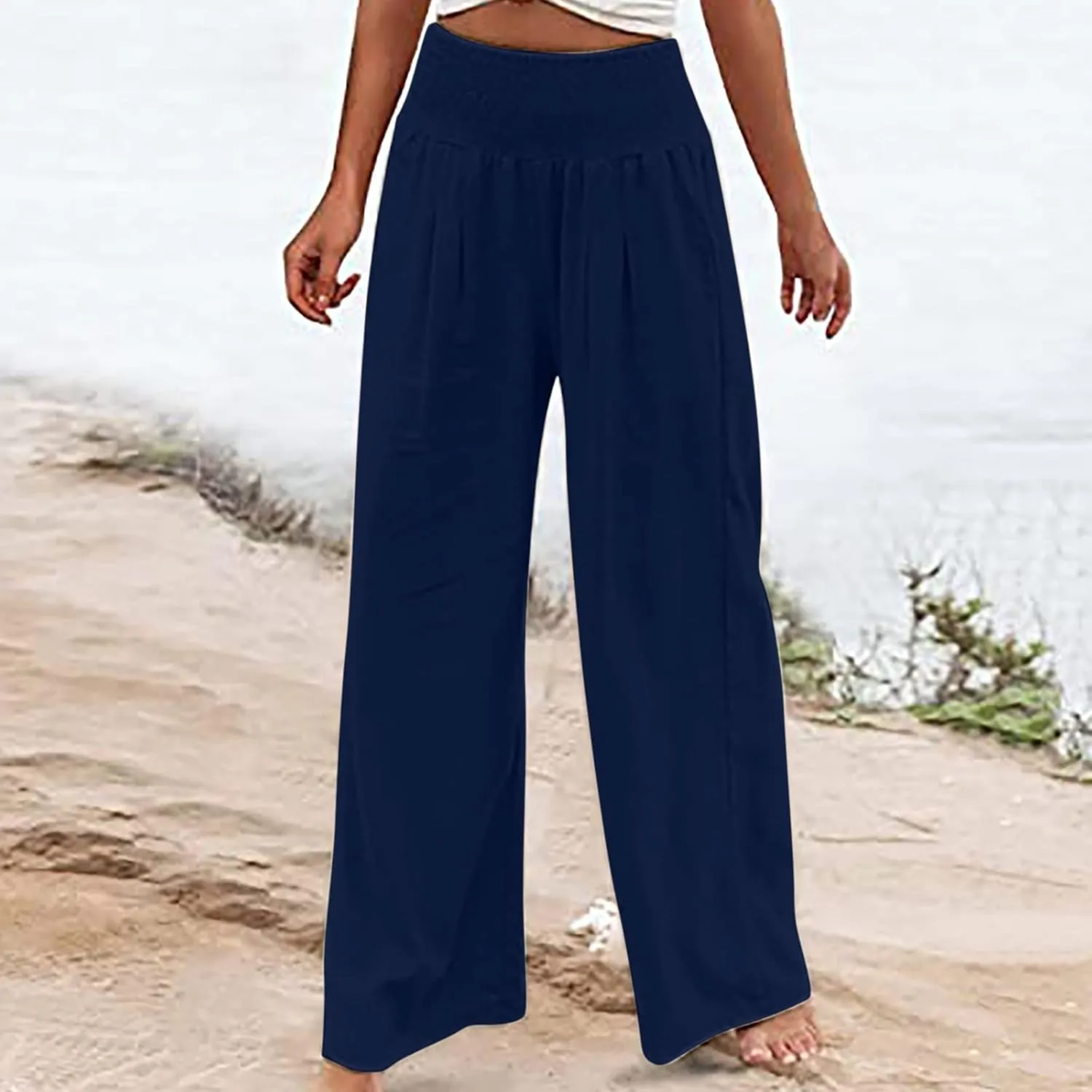 Womens Linen Wide Leg Pants Elastic High Rise Plus Size Paperbag Pants Summer Cotton Flowy Patterned Tall Yoga Pants